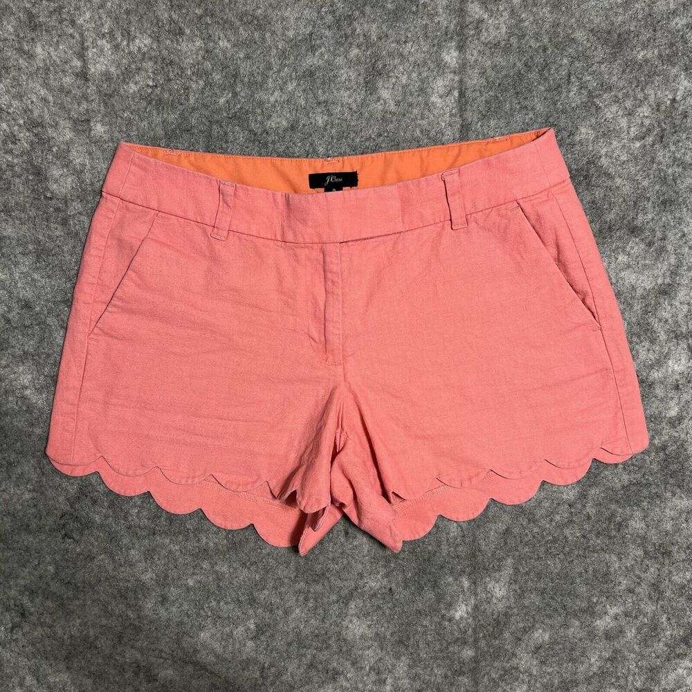 J. Crew Linen Chino Shorts Women's 8 Waist 31.5 Pink Scallop Hem Coastal Preppy